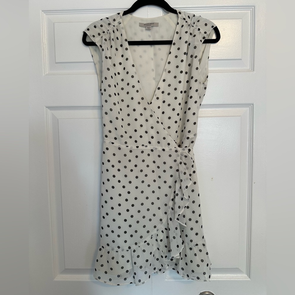 AllSaints White Midi Wrap Dress with Black Polka Dots